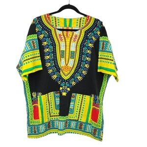Dashiki Tunic Colorful‎ African Print Caftan Tunic Top Pockets Bohemian O/S